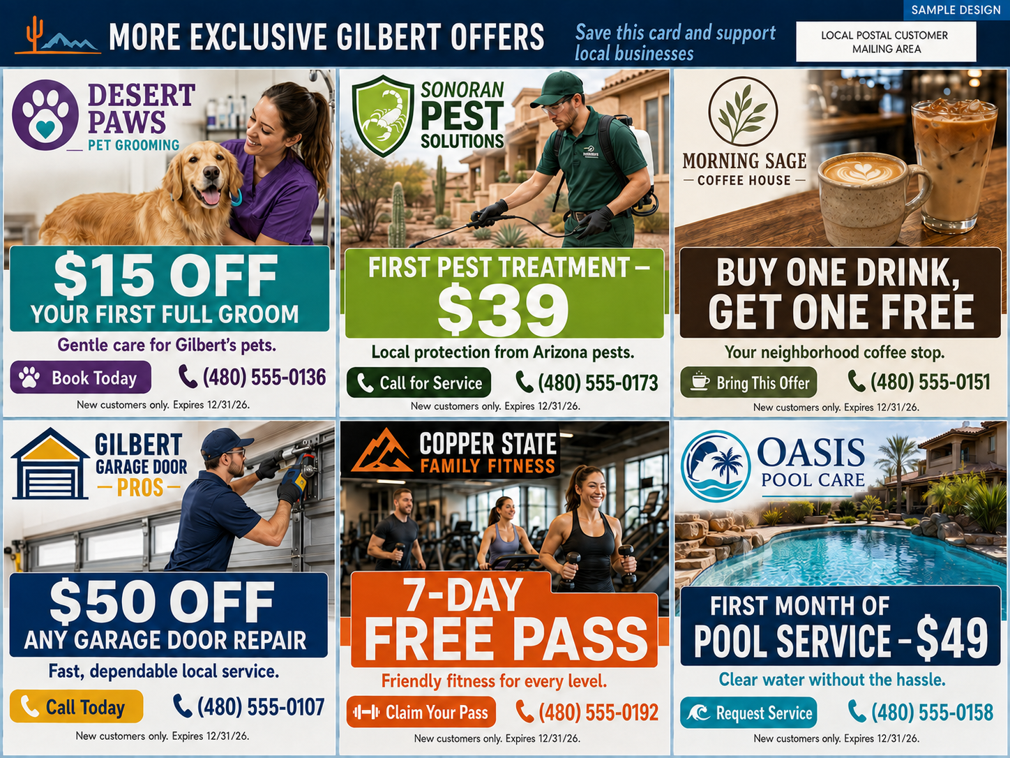 Placeholder sample of the postcard back with business ad spaces